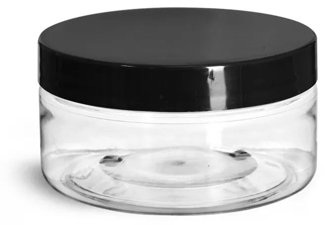 8 oz Clear PET Heavy Wall Jars w/ Black Smooth Lined Caps
