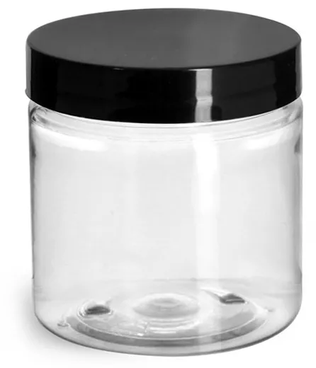 4 oz Plastic Jars, Clear PET Straight Sided Jars w/ Black Smooth Induction Lined Caps