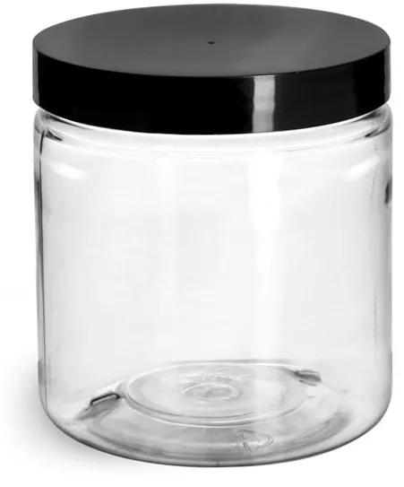 8 oz Plastic Jars, Clear PET Straight Sided Jars w/ Black Smooth Induction Lined Caps