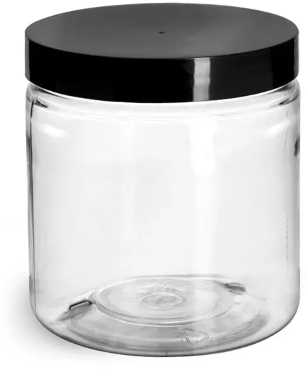 1 oz Plastic Jars, Clear PET Straight Sided Jars w/ Black Smooth Induction  Lined Caps