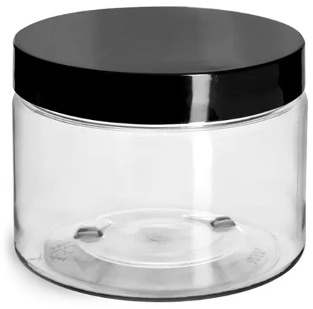 12 oz Plastic Jars, Clear PET Straight Sided Jars w/ Black Smooth Induction Lined Caps