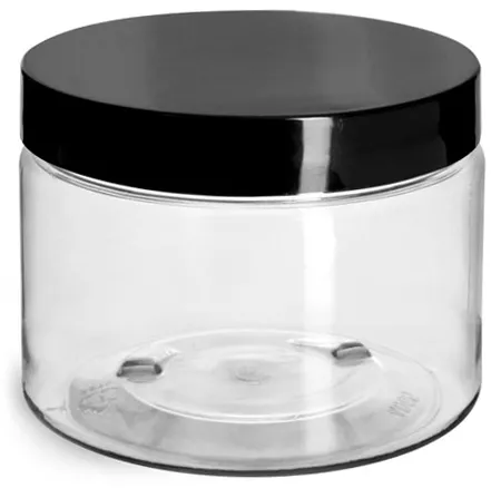 1 oz Plastic Jars, Clear PET Straight Sided Jars w/ Black Smooth 