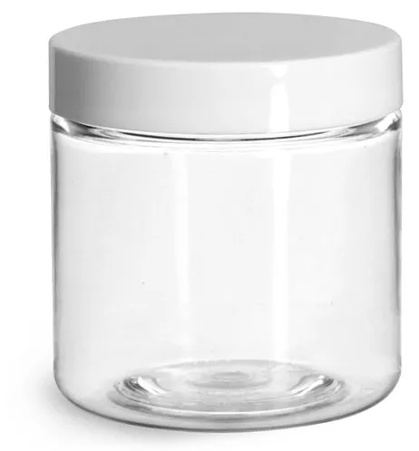 4 oz Plastic Jars, Clear PET Straight Sided Jars w/ White Smooth Induction Lined Caps