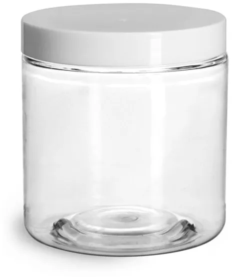 8 oz Plastic Jars, Clear PET Straight Sided Jars w/ White Smooth Induction Lined Caps