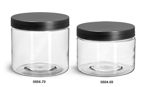 Plastic Jars, Clear PET Straight Sided Jars w/ Frosted Black Lined Caps