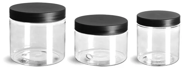 PET Plastic Jars, Clear Straight Sided Jars w/ Frosted Black Lined Caps