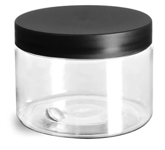 12 oz Clear PET Jars w/ Frosted Black Lined Caps