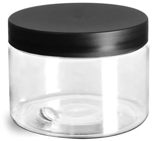 8 oz Clear PET Straight Sided Jars w/ Black Smooth Plastic Lined Caps