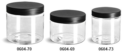 Plastic Jars, Clear PET Straight Sided Jars w/ Frosted Black Lined Caps