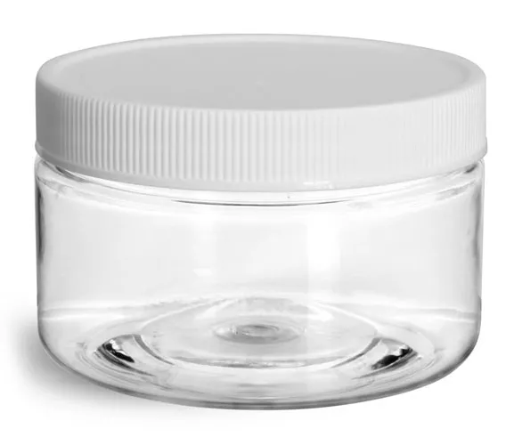 4 oz Plastic Jars, Clear PET Heavy Wall Jars w/ White Ribbed Lined Caps