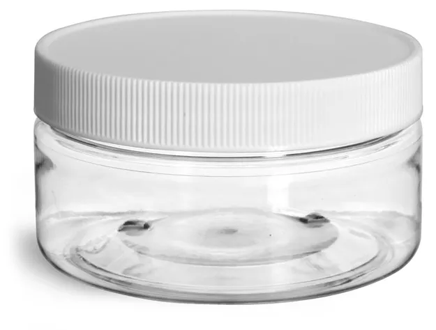8 oz Plastic Jars, Clear PET Heavy Wall Jars w/ White Ribbed Lined Caps