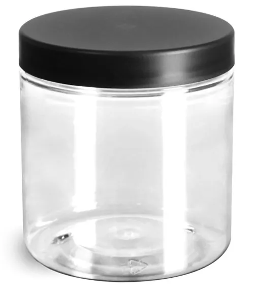 8 oz Clear PET Jars w/ Frosted Black Lined Caps