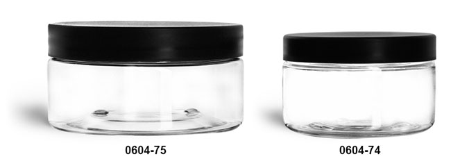 Plastic Jars, Clear PET Heavy Wall Jars w/ Frosted Black Lined Plastic Caps