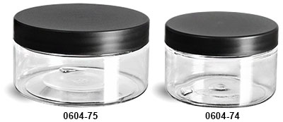 Plastic Jars, Clear PET Heavy Wall Jars w/ Frosted Black Lined Plastic Caps