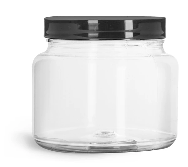 PET Plastic Jars, 22 oz Clear Straight Sided Jars w/ Smooth Black PE Lined Caps