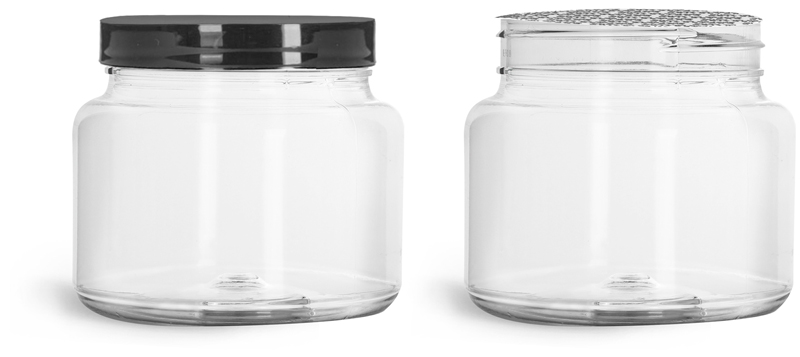 PET Plastic Jars, 22 oz Clear Straight Sided Jars w/ Smooth Black PS22 Lined Caps 