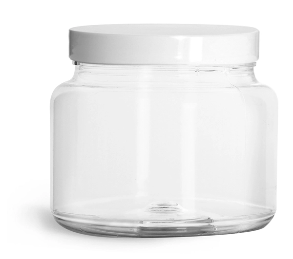 PET Plastic Jars, 22 oz Clear Straight Sided Jars w/ Smooth White PE Lined Caps