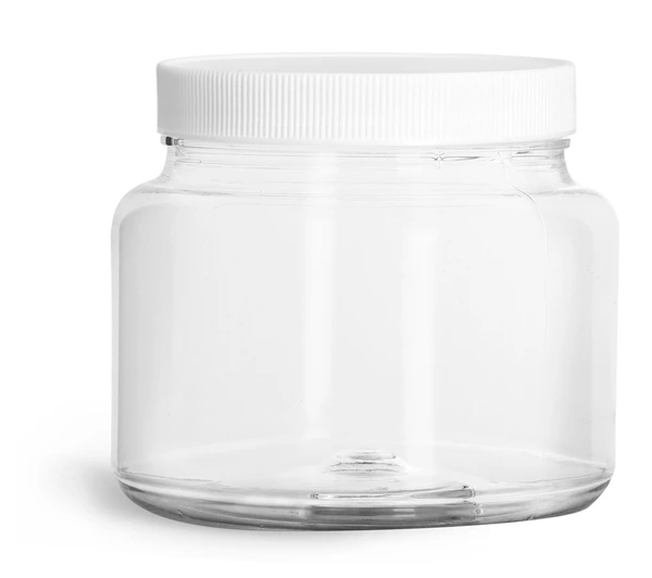 PET Plastic Jars, 22 oz Clear Straight Sided Jars w/ Ribbed White PE Lined Caps