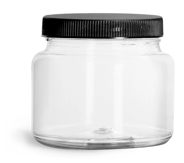22 oz Clear PET Straight Sided Jars w/ Ribbed Black PE Lined Caps
