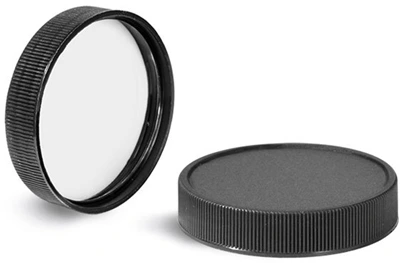 PET Plastic Jars, 22 oz Clear Straight Sided Jars w/ Ribbed Black PE Lined Caps 