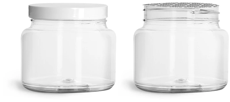 PET Plastic Jars, 22 oz Clear Straight Sided Jars w/ Smooth White PS22 Lined Caps