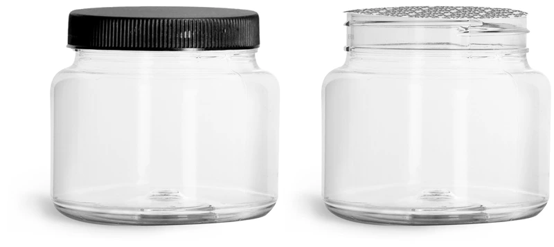 PET Plastic Jars, 22 oz Clear Straight Sided Jars w/ Ribbed Black Induction Lined Caps 