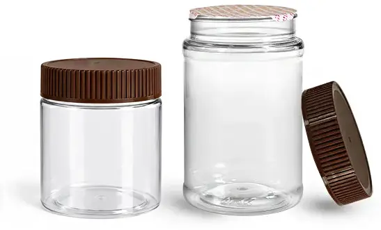 Food Jars, Clear PET Plastic Jars w/ Brown Ribbed Induction Lined Caps    