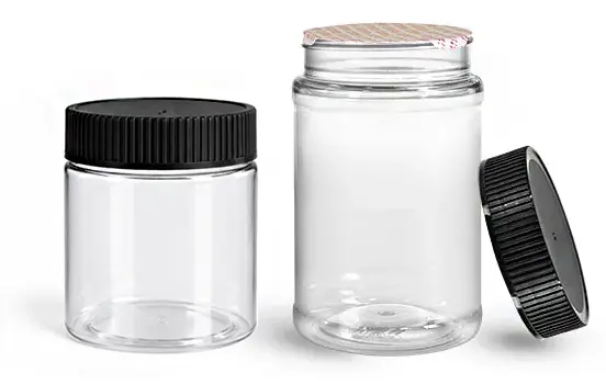 PET Plastic Jars, Clear Food Jars w/ Black Ribbed Induction Lined Caps