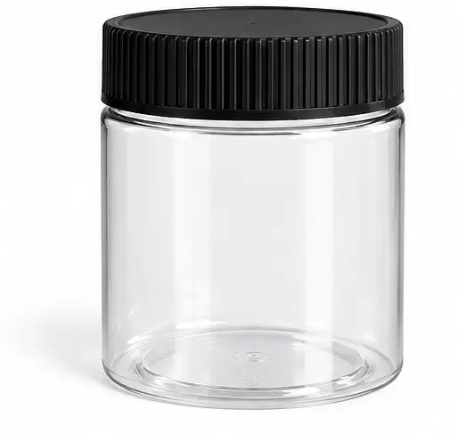 12 oz Clear PET Food Jars w/ Black Ribbed Induction Lined Caps