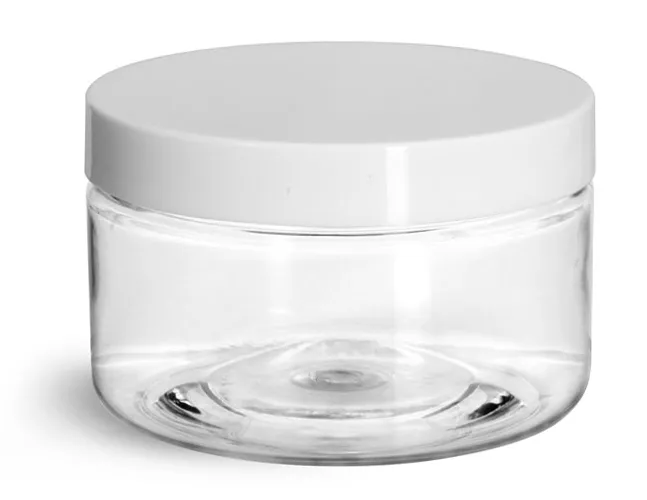 4 oz Clear PET Heavy Wall Jars w/ White Smooth Lined Plastic Caps
