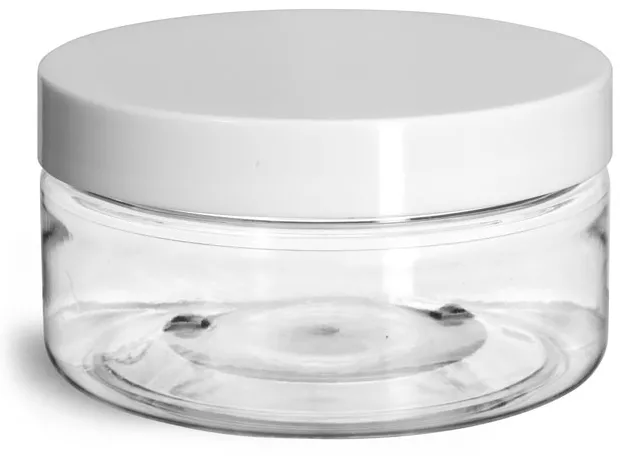 8 oz Clear PET Heavy Wall Jars w/ White Smooth Lined Plastic Caps