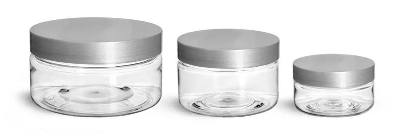 PET Plastic Jars, Clear Heavy Wall Jars w/ Silver Smooth Lined Caps