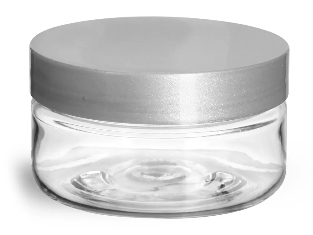 2 oz Clear PET Heavy Wall Jars w/ Silver Smooth Lined Caps
