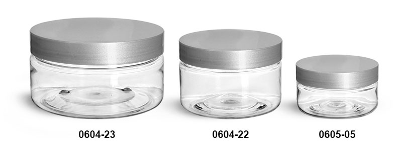 Plastic Jars, Clear PET Heavy Wall Jars w/ Silver Smooth Lined Caps