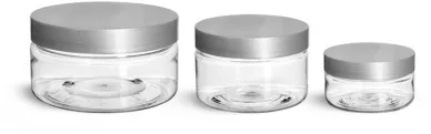 PET Plastic Jars, Clear Heavy Wall Jars w/ Silver Smooth Lined Caps