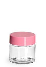 PET Plastic Jars, Clear Straight Sided Jars w/ Pink Smooth Plastic Lined Caps