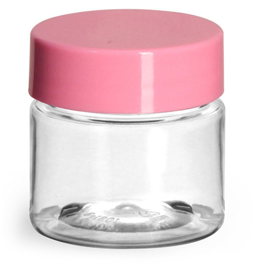 1/2 OZ CLEAR PET PLASTIC JARS W/ PINK SMOOTH PLASTIC LINED CAPS