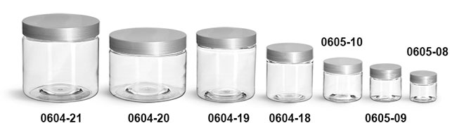 Plastic Jars, Clear PET Straight Sided Jars w/ Silver Smooth Lined Caps