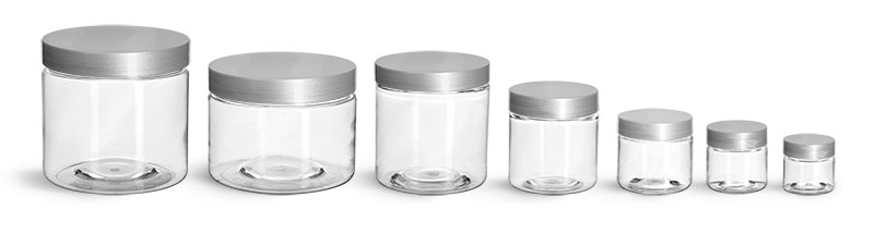 PET Plastic Jars, Clear Straight Sided Jars w/ Silver Smooth Lined Caps