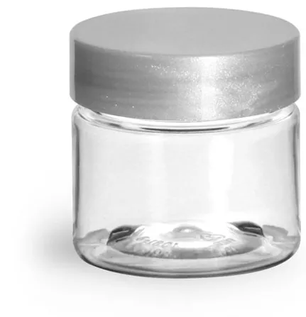 1/2 oz Clear PET Straight Sided Jars w/ Silver Smooth Lined Caps