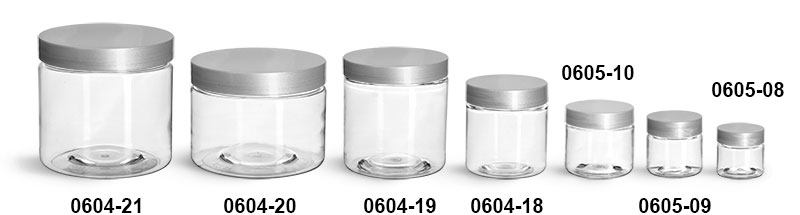 Plastic Jars, Clear PET Straight Sided Jars w/ Silver Smooth Lined Caps