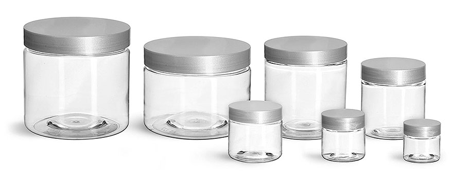 Plastic Jars, Clear PET Straight Sided Jars w/ Silver Smooth Lined Caps