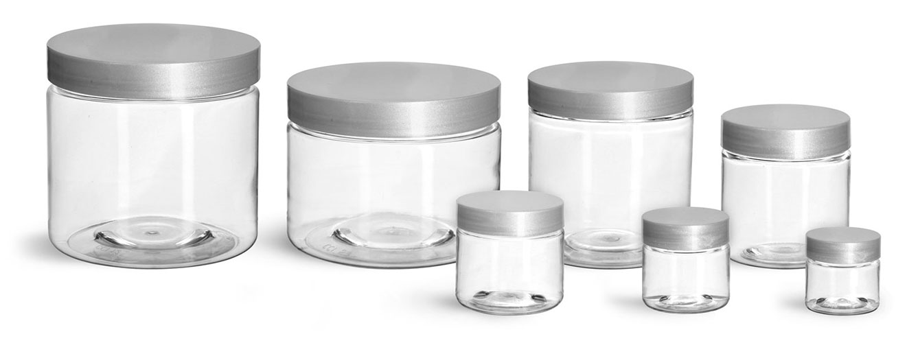 4 oz Clear PET Straight Sided Jars w/ Silver Smooth Lined Caps