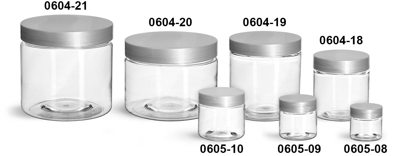 Plastic Jars, Clear PET Straight Sided Jars w/ Silver Smooth Lined Caps