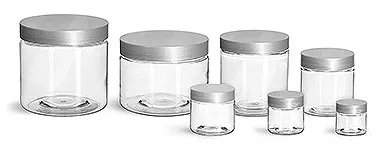 PET Plastic Jars, Clear Straight Sided Jars w/ Silver Smooth Lined Caps