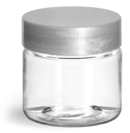 1 oz Clear PET Straight Sided Jars w/ Silver Smooth Lined Caps