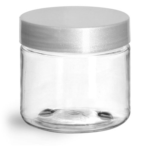 2 oz Clear PET Straight Sided Jars w/ Silver Smooth Lined Caps
