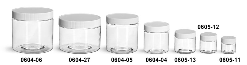 Plastic Jars, Clear PET Straight Sided Jars w/ White Ribbed Plastic Unlined Caps