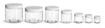 PET Plastic Jars, Clear Straight Sided Jars w/ White Ribbed Plastic Unlined Caps