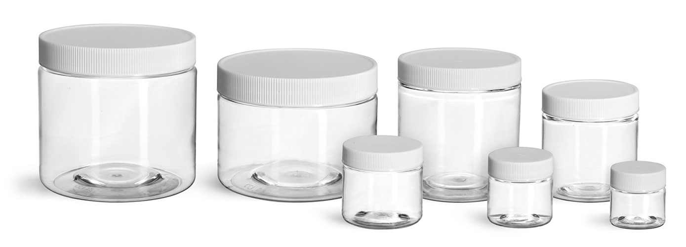 4 oz Clear PET Jars w/ White Ribbed Plastic Unlined Caps